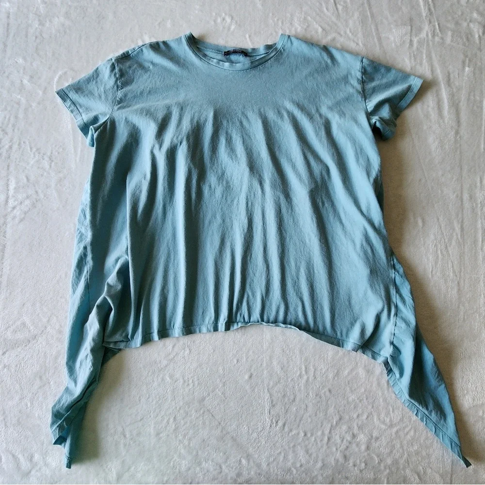 Zara Trafaluc High Low Ruffle Back Tee Womens M Blue Oversized Prairie Shirt Top - Picture 5 of 10
